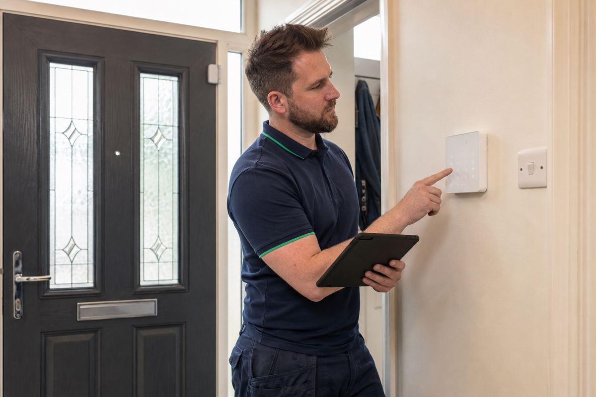 Engineer setting up a burglar alarm keypad in a home hallway