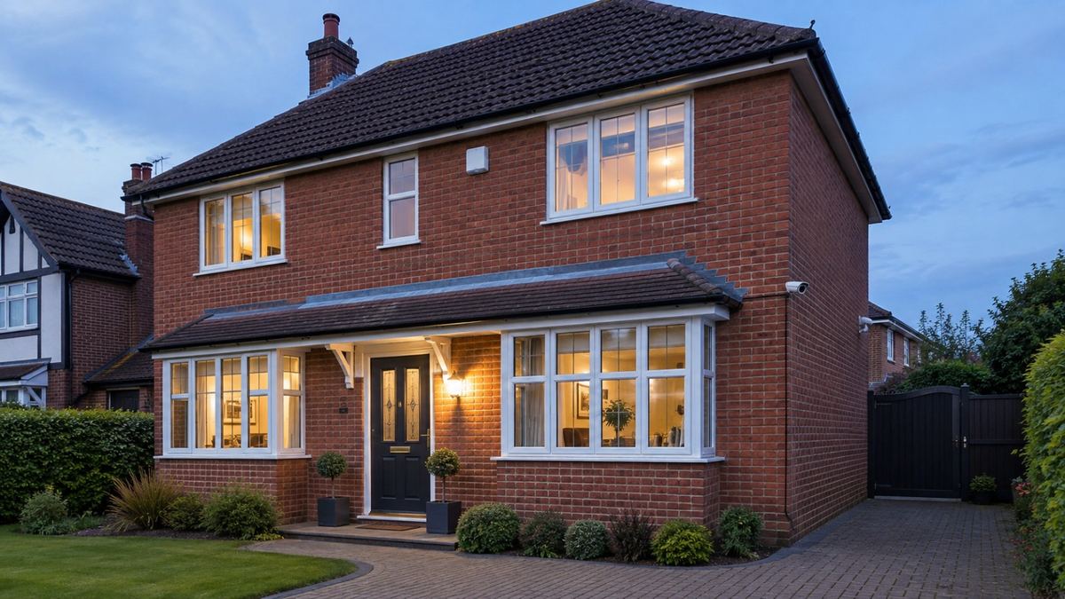 Detached house at dusk with a CCTV camera covering the driveway