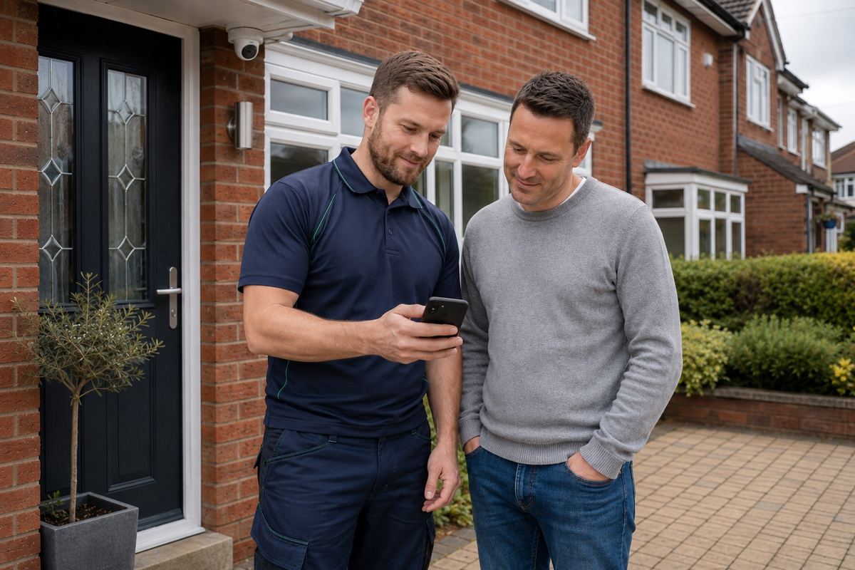 Engineer showing a homeowner their CCTV footage on a phone